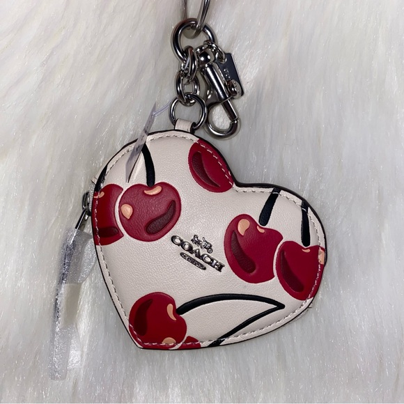 Coach 🍒 Cherry print keychain heart New bag charm - Picture 9 of 13